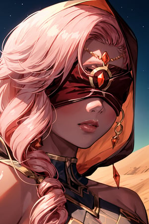 Babel, 1girl, solo, long hair, large breasts, bare shoulders, pink hair,  blindfold,desert sands,1 woman solo, busty figure, desert background, dark-skinned_female, earrings hair_between_eyes jewelry blindfolded, night time, hood, high quality, best quality, 1girl, masterpiece, dark skin,  near water ,face focus , zoom, upclose , up close,close up, face focus