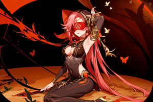 full_body ,high quality , masterpiece, flat color, orange ornate, lineart, Babel, 1girl, solo, long hair, large breasts, bare shoulders, pink hair, blindfold,desert sands,1 woman solo, busty figure, desert background, earrings hair_between_eyes jewelry blindfolded, night time, hood, high quality, best quality, 1girl, masterpiece,  ,pantyhose, high heels boots,GEM, detailed face,red theme, sitting