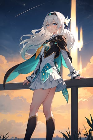 best quality, masterpiece, highres, ,firefly \(honkai: star rail\), 1girl, solo, long hair, smile, blue eyes, closed mouth, looking at viewer, outdoors, bangs, long sleeves, hair ornament, hairband, hair between eyes, cloudy sky, turquoise cape, blue sky, star \(sky\), night sky, white hair, full body, white shirt, railing, viewed from front , white skirt, revealing thighs, leaning_back, standing far away