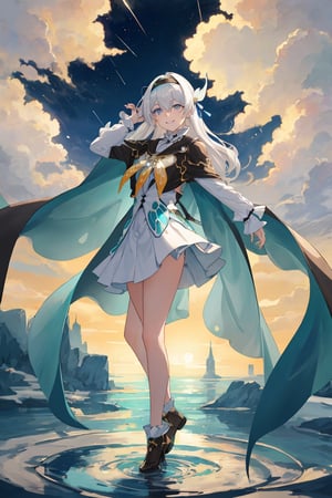 best quality, masterpiece, highres, ,firefly \(honkai: star rail\), 1girl, solo, long hair, smile, blue eyes, closed mouth, looking at viewer, outdoors, bangs, long sleeves, hair ornament, hairband, hair between eyes, cloudy sky, turquoise cape, blue sky, star \(sky\), night sky, white hair, full body, white shirt,  viewed from side, flowing white skirt, revealing thighs, standing 