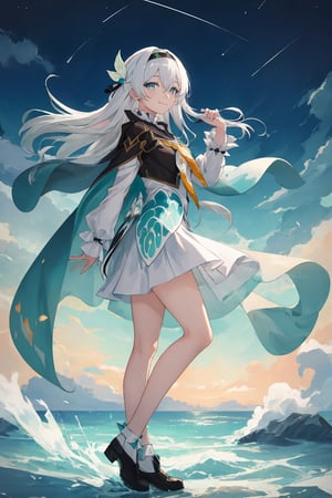 best quality, masterpiece, highres, ,firefly \(honkai: star rail\), 1girl, solo, long hair, smile, blue eyes, closed mouth, looking at viewer, outdoors, bangs, long sleeves, hair ornament, hairband, hair between eyes, cloudy sky, turquoise cape, blue sky, star \(sky\), night sky, white hair, full body, white shirt,  viewed from side, flowing white skirt, revealing thighs, standing 