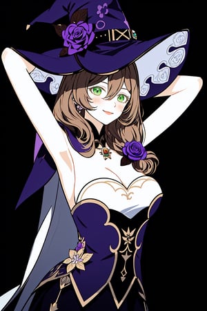 best quality, masterpiece, highres, solo, long_hair, green_eyes, bangs, brown_hair, flower, breasts, smile, hat, rose, cleavage, large_breasts, purple_flower, witch_hat, hair_between_eyes, purple_headwear, hair_ornament, jewelry, hair_flower, purple_rose, hat_flower, blush,lisa_genshin,portrait,dark background, simple dark background,  dark background ,full_body,long_hair,illustration,line anime, arms_above_head, armpits, face close-up , close up shot