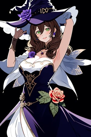 best quality, masterpiece, highres, solo, long_hair, green_eyes, bangs, brown_hair, flower, breasts, smile, hat, rose, cleavage, large_breasts, purple_flower, witch_hat, hair_between_eyes, purple_headwear, hair_ornament, jewelry, hair_flower, purple_rose, hat_flower, blush,lisa_genshin,portrait,dark background, simple dark background,  dark background ,full_body,long_hair,illustration,line anime, arm above head,armpits, face close-up , close up shot