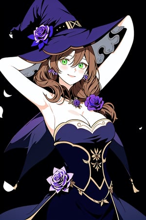 best quality, masterpiece, highres, solo, long_hair, green_eyes, bangs, brown_hair, flower, breasts, smile, hat, rose, cleavage, large_breasts, purple_flower, witch_hat, hair_between_eyes, purple_headwear, hair_ornament, jewelry, hair_flower, purple_rose, hat_flower, blush,lisa_genshin,portrait,dark background, simple dark background,  dark background ,full_body,long_hair,illustration,line anime, arms_above_head, armpits, face close-up , close up shot