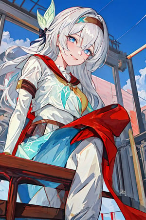 best quality, masterpiece, highres, ,firefly \(honkai: star rail\), 1girl, solo, long hair, smile, blue eyes, closed mouth, looking at viewer, outdoors, bangs, long sleeves, hair ornament, hairband, hair between eyes, cloudy sky, red cape, blue sky, star \(sky\), night sky, white hair, upper body, white shirt, railing,line anime