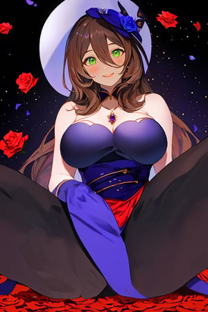 best quality, masterpiece, highres, solo, long_hair, green_eyes, bangs, brown_hair, flower, breasts, smile, hat, rose, cleavage, medium_breasts, purple_flower, witch_hat, hair_between_eyes, purple_headwear, hair_ornament, jewelry, hair_flower, purple_rose, hat_flower, blush,lisa_genshin,portrait,dark background, simple dark background,  dark background ,full_body,long_hair,illustration,line anime,, full_body, leg_spread, low_angle_view