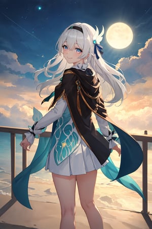 best quality, masterpiece, highres, ,firefly \(honkai: star rail\), 1girl, solo, long hair, smile, blue eyes, closed mouth, looking at viewer, outdoors, bangs, long sleeves, hair ornament, hairband, hair between eyes, cloudy sky, turquoise cape, blue sky, star \(sky\), night sky, white hair, full body, white shirt, railing, viewed from behind , white skirt, revealing thighs