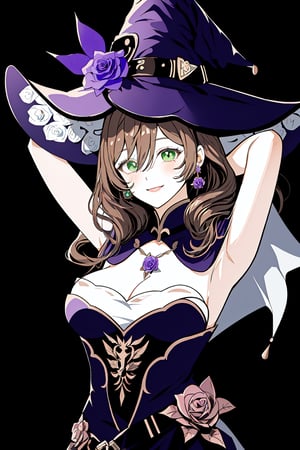 best quality, masterpiece, highres, solo, long_hair, green_eyes, bangs, brown_hair, flower, breasts, smile, hat, rose, cleavage, large_breasts, purple_flower, witch_hat, hair_between_eyes, purple_headwear, hair_ornament, jewelry, hair_flower, purple_rose, hat_flower, blush,lisa_genshin,portrait,dark background, simple dark background,  dark background ,full_body,long_hair,illustration,line anime, arms_above_head, armpits, face close-up 