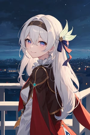 best quality, masterpiece, highres, ,firefly \(honkai: star rail\), 1girl, solo, long hair, smile, blue eyes, closed mouth, looking at viewer, outdoors, bangs, long sleeves, hair ornament, hairband, hair between eyes, cloudy sky, red cape, blue sky, star \(sky\), night sky, white hair, upper body, white shirt, railing, viewed from behind 