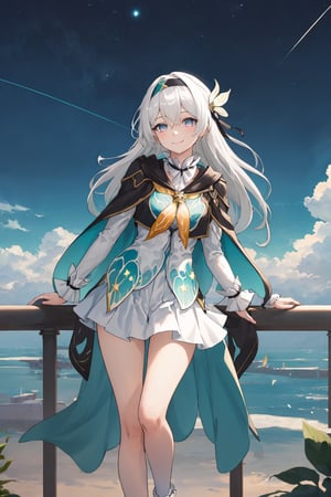 best quality, masterpiece, highres, ,firefly \(honkai: star rail\), 1girl, solo, long hair, smile, blue eyes, closed mouth, looking at viewer, outdoors, bangs, long sleeves, hair ornament, hairband, hair between eyes, cloudy sky, turquoise cape, blue sky, star \(sky\), night sky, white hair, full body, white shirt, railing, viewed from front , white skirt, revealing thighs, leaning_back, standing far away, high camera angle