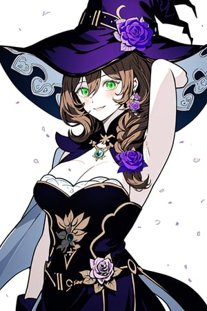 best quality, masterpiece, highres, solo, long_hair, green_eyes, bangs, brown_hair, flower, breasts, smile, hat, rose, cleavage, large_breasts, purple_flower, witch_hat, hair_between_eyes, purple_headwear, hair_ornament, jewelry, hair_flower, purple_rose, hat_flower, blush,lisa_genshin,portrait,dark background, simple dark background,  dark background ,full_body,long_hair,illustration,line anime, arms_above_head, armpits, face close-up 