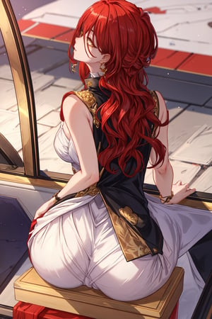 (Masterpiece, top quality, best quality, official art, beautiful and aesthetic:1.2), 1girl, official, head, yellow eyes, red hair, long hair, white dress, golden rose on neck, single earring, from_behind,ass,black coat