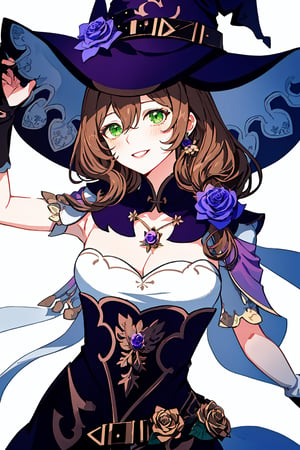 best quality, masterpiece, highres, solo, long_hair, green_eyes, bangs, brown_hair, flower, breasts, smile, hat, rose, cleavage, large_breasts, purple_flower, witch_hat, hair_between_eyes, purple_headwear, hair_ornament, jewelry, hair_flower, purple_rose, hat_flower, blush,lisa_genshin,portrait,dark background, simple dark background,  dark background ,full_body,long_hair,illustration,line anime, arms_above_head, armpits, face close-up , close up shot