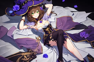 best quality, masterpiece, highres, solo, short_hair, green_eyes, bangs, brown_hair, flower, breasts, smile, hat, rose, cleavage, medium_breasts, purple_flower, witch_hat, hair_between_eyes, purple_headwear, hair_ornament, jewelry, hair_flower, purple_rose, hat_flower, blush,lisa_genshin,portrait,dark background, simple dark background,  dark background ,full_body,long_hair,illustration,line anime,, full_body, laying_down,arms_above_head, armpit, crossed_legs_(lying),sexy thighs 