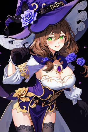 best quality, masterpiece, highres, solo, long_hair, green_eyes, bangs, brown_hair, flower, breasts, smile, hat, rose, cleavage, large_breasts, purple_flower, witch_hat, hair_between_eyes, purple_headwear, hair_ornament, jewelry, hair_flower, purple_rose, hat_flower, blush,lisa_genshin,portrait,dark background, simple dark background,  dark background , bending over , leaning_forward, leaning_forward  , standing and leaning,full_body,long_hair