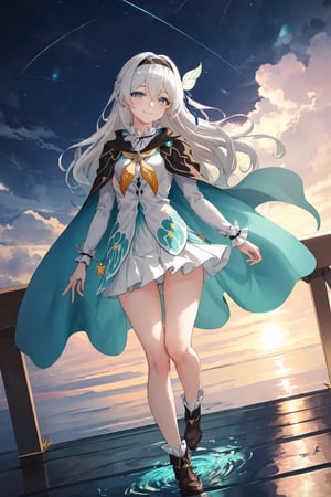 best quality, masterpiece, highres, ,firefly \(honkai: star rail\), 1girl, solo, long hair, smile, blue eyes, closed mouth, looking at viewer, outdoors, bangs, long sleeves, hair ornament, hairband, hair between eyes, cloudy sky, turquoise cape, blue sky, star \(sky\), night sky, white hair, full body, white shirt, railing, viewed from front , flowing white skirt, revealing thighs, leaning_back, standing far away, very low camera angle shot, low-angle_shot, white panties