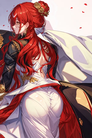 (Masterpiece, top quality, best quality, official art, beautiful and aesthetic:1.2), 1girl, official, head, yellow eyes, red hair, long hair, white dress, golden rose on neck, single earring, from_behind,ass