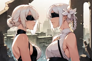 score_9, score_8_up, score_7_up, score_6_up, source_anime, BREAK masterpiece, KaineRep, white hair, breasts, asymmetrical hair, braid, hair flower, blindfold, 2b (nier:automata) (cosplay), ruins, city, overgrown vegetation, parted lips, , viewed from side,lines , line art , black and white art , asthetic wallpaper, simplistic and asthetic , 