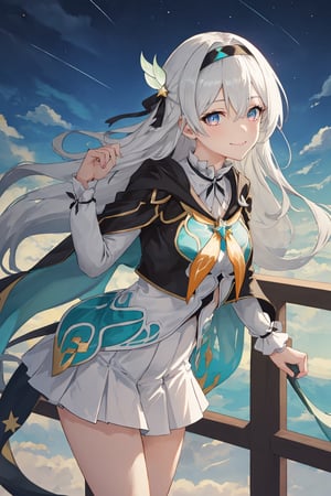 best quality, masterpiece, highres, ,firefly \(honkai: star rail\), 1girl, solo, long hair, smile, blue eyes, closed mouth, looking at viewer, outdoors, bangs, long sleeves, hair ornament, hairband, hair between eyes, cloudy sky, turquoise cape, blue sky, star \(sky\), night sky, white hair, upper body, white shirt, railing, viewed from front , white skirt, revealing thighs, leaning_forward , standing far away