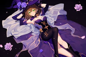 best quality, masterpiece, highres, solo, short_hair, green_eyes, bangs, brown_hair, flower, breasts, smile, hat, rose, cleavage, medium_breasts, purple_flower, witch_hat, hair_between_eyes, purple_headwear, hair_ornament, jewelry, hair_flower, purple_rose, hat_flower, blush,lisa_genshin,portrait,dark background, simple dark background,  dark background ,full_body,long_hair,illustration,line anime,, full_body, laying_down,arms_above_head, armpit, crossed_legs_(lying)