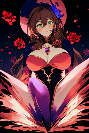 best quality, masterpiece, highres, solo, long_hair, green_eyes, bangs, brown_hair, flower, breasts, smile, hat, rose, cleavage, medium_breasts, purple_flower, witch_hat, hair_between_eyes, purple_headwear, hair_ornament, jewelry, hair_flower, purple_rose, hat_flower, blush,lisa_genshin,portrait,dark background, simple dark background,  dark background ,full_body,long_hair,illustration,line anime,, full_body, leg_spread, low_angle_view