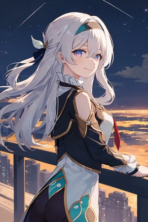 best quality, masterpiece, highres, ,firefly \(honkai: star rail\), 1girl, solo, long hair, smile, blue eyes, closed mouth, looking at viewer, outdoors, bangs, long sleeves, hair ornament, hairband, hair between eyes, cloudy sky, red cape, blue sky, star \(sky\), night sky, white hair, upper body, white shirt, railing, viewed from behind , bending over