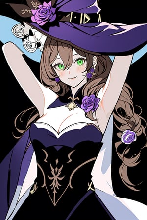 best quality, masterpiece, highres, solo, long_hair, green_eyes, bangs, brown_hair, flower, breasts, smile, hat, rose, cleavage, large_breasts, purple_flower, witch_hat, hair_between_eyes, purple_headwear, hair_ornament, jewelry, hair_flower, purple_rose, hat_flower, blush,lisa_genshin,portrait,dark background, simple dark background,  dark background ,full_body,long_hair,illustration,line anime, arms_above_head, armpits, face close-up 