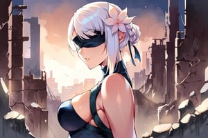 score_9, score_8_up, score_7_up, score_6_up, source_anime, BREAK masterpiece, KaineRep, white hair, breasts, asymmetrical hair, braid, hair flower, blindfold, 2b (nier:automata) (cosplay), ruins, city, overgrown vegetation, parted lips, , viewed from side