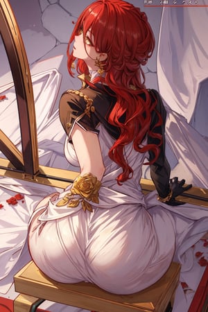 (Masterpiece, top quality, best quality, official art, beautiful and aesthetic:1.2), 1girl, official, head, yellow eyes, red hair, long hair, white dress, golden rose on neck, single earring, from_behind,ass