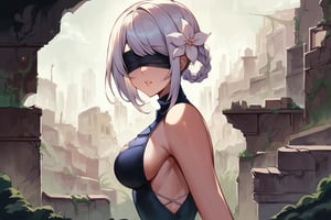 score_9, score_8_up, score_7_up, score_6_up, source_anime, BREAK masterpiece, KaineRep, white hair, breasts, asymmetrical hair, braid, hair flower, blindfold, 2b (nier:automata) (cosplay), ruins, city, overgrown vegetation, parted lips, , viewed from side