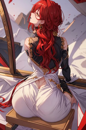 (Masterpiece, top quality, best quality, official art, beautiful and aesthetic:1.2), 1girl, official, head, yellow eyes, red hair, long hair, white dress, golden rose on neck, single earring, from_behind,ass,black coat