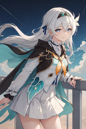 best quality, masterpiece, highres, ,firefly \(honkai: star rail\), 1girl, solo, long hair, smile, blue eyes, closed mouth, looking at viewer, outdoors, bangs, long sleeves, hair ornament, hairband, hair between eyes, cloudy sky, turquoise cape, blue sky, star \(sky\), night sky, white hair, upper body, white shirt, railing, viewed from front , white skirt, revealing thighs, leaning_forward , upclose 