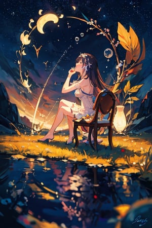 1girl, horb, best quality, (masterpiece:1.3), atmosphere, starry, bubbles, sitting, from_behind