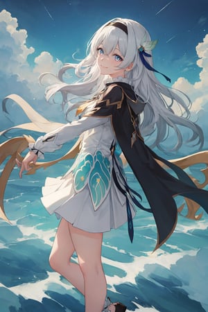 best quality, masterpiece, highres, ,firefly \(honkai: star rail\), 1girl, solo, long hair, smile, blue eyes, closed mouth, looking at viewer, outdoors, bangs, long sleeves, hair ornament, hairband, hair between eyes, cloudy sky, turquoise cape, blue sky, star \(sky\), night sky, white hair, full body, white shirt,  viewed from side, flowing white skirt, revealing thighs, standing 