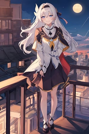 best quality, masterpiece, highres, ,firefly \(honkai: star rail\), 1girl, solo, long hair, smile, blue eyes, closed mouth, looking at viewer, outdoors, bangs, long sleeves, hair ornament, hairband, hair between eyes, cloudy sky, red cape, blue sky, star \(sky\), night sky, white hair, upper body, white shirt, railing,line anime