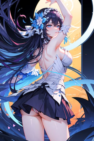 (highly detailed:1.3),1girl, solo,, horb, viewed_from_behind, Ultra-detail, (highres:1.1), best quality, (masterpiece:1.3), cinematic lighting,dark blue abstract background, bending_over, exposed_pussy ,skirt