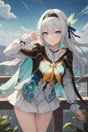 best quality, masterpiece, highres, ,firefly \(honkai: star rail\), 1girl, solo, long hair, smile, blue eyes, closed mouth, looking at viewer, outdoors, bangs, long sleeves, hair ornament, hairband, hair between eyes, cloudy sky, turquoise cape, blue sky, star \(sky\), night sky, white hair, upper body, white shirt, railing, viewed from front , white skirt, revealing thighs, leaning_forward 