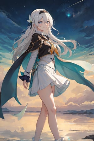 best quality, masterpiece, highres, ,firefly \(honkai: star rail\), 1girl, solo, long hair, smile, blue eyes, closed mouth, looking at viewer, outdoors, bangs, long sleeves, hair ornament, hairband, hair between eyes, cloudy sky, turquoise cape, blue sky, star \(sky\), night sky, white hair, full body, white shirt,  viewed from side, flowing white skirt, revealing thighs, standing 