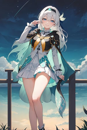 best quality, masterpiece, highres, ,firefly \(honkai: star rail\), 1girl, solo, long hair, smile, blue eyes, closed mouth, looking at viewer, outdoors, bangs, long sleeves, hair ornament, hairband, hair between eyes, cloudy sky, turquoise cape, blue sky, star \(sky\), night sky, white hair, full body, white shirt, railing, viewed from front , white skirt, revealing thighs, leaning_back, standing far away, high camera angle shot, upshot