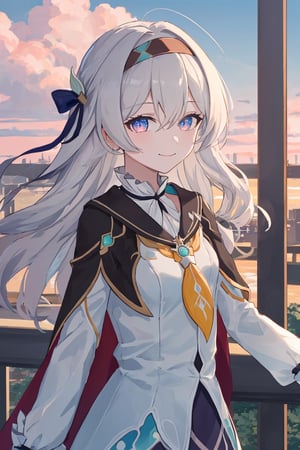 best quality, masterpiece, highres, ,firefly \(honkai: star rail\), 1girl, solo, long hair, smile, blue eyes, closed mouth, looking at viewer, outdoors, bangs, long sleeves, hair ornament, hairband, hair between eyes, cloudy sky, red cape, blue sky, star \(sky\), night sky, white hair, upper body, white shirt, railing,