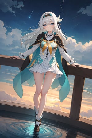 best quality, masterpiece, highres, ,firefly \(honkai: star rail\), 1girl, solo, long hair, smile, blue eyes, closed mouth, looking at viewer, outdoors, bangs, long sleeves, hair ornament, hairband, hair between eyes, cloudy sky, turquoise cape, blue sky, star \(sky\), night sky, white hair, full body, white shirt, railing, viewed from front , flowing white skirt, revealing thighs, leaning_back, standing far away, very low camera angle shot, low-angle_shot, white panties