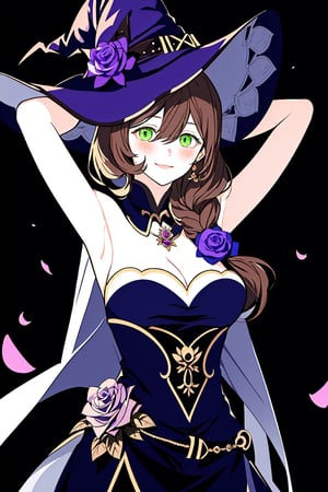 best quality, masterpiece, highres, solo, long_hair, green_eyes, bangs, brown_hair, flower, breasts, smile, hat, rose, cleavage, large_breasts, purple_flower, witch_hat, hair_between_eyes, purple_headwear, hair_ornament, jewelry, hair_flower, purple_rose, hat_flower, blush,lisa_genshin,portrait,dark background, simple dark background,  dark background ,full_body,long_hair,illustration,line anime, arms_above_head, armpits, face close-up 