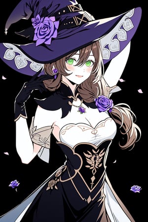 best quality, masterpiece, highres, solo, long_hair, green_eyes, bangs, brown_hair, flower, breasts, smile, hat, rose, cleavage, large_breasts, purple_flower, witch_hat, hair_between_eyes, purple_headwear, hair_ornament, jewelry, hair_flower, purple_rose, hat_flower, blush,lisa_genshin,portrait,dark background, simple dark background,  dark background ,full_body,long_hair,illustration,line anime, arms_above_head, armpits, face close-up 