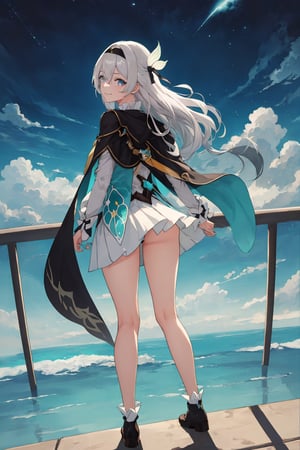 best quality, masterpiece, highres, ,firefly \(honkai: star rail\), 1girl, solo, long hair, smile, blue eyes, closed mouth, looking at viewer, outdoors, bangs, long sleeves, hair ornament, hairband, hair between eyes, cloudy sky, turquoise cape, blue sky, star \(sky\), night sky, white hair, full body, white shirt, railing, viewed from behind , bending_over, white skirt, revealing thighs