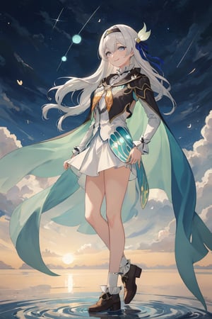 best quality, masterpiece, highres, ,firefly \(honkai: star rail\), 1girl, solo, long hair, smile, blue eyes, closed mouth, looking at viewer, outdoors, bangs, long sleeves, hair ornament, hairband, hair between eyes, cloudy sky, turquoise cape, blue sky, star \(sky\), night sky, white hair, full body, white shirt,  viewed from side, flowing white skirt, revealing thighs, standing 