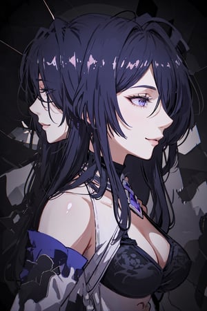 (masterpiece:1.3),(highres:1.1),best quality,1girl,solo,office,jelotopaz,hair ornament,black jacket,collared shirt,cleavage,detached sleeves,black elbow gloves,belt,black knee boots,smile, black background, from_side,line anime, dark background, black background, simple dark background ,closeup face , face only , upclose, face, face image ,glass,hair over one eye, broken glass, dark background, reflections