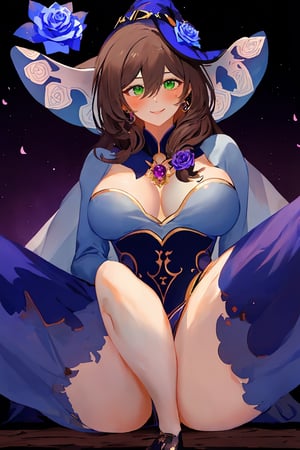 best quality, masterpiece, highres, solo, long_hair, green_eyes, bangs, brown_hair, flower, breasts, smile, hat, rose, cleavage, medium_breasts, purple_flower, witch_hat, hair_between_eyes, purple_headwear, hair_ornament, jewelry, hair_flower, purple_rose, hat_flower, blush,lisa_genshin,portrait,dark background, simple dark background,  dark background ,full_body,long_hair,illustration,line anime,, full_body, leg_spread, low_angle_view