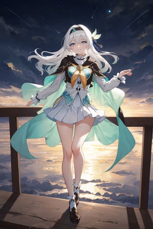 best quality, masterpiece, highres, ,firefly \(honkai: star rail\), 1girl, solo, long hair, smile, blue eyes, closed mouth, looking at viewer, outdoors, bangs, long sleeves, hair ornament, hairband, hair between eyes, cloudy sky, turquoise cape, blue sky, star \(sky\), night sky, white hair, full body, white shirt, flowing white skirt, revealing thighs, crouch