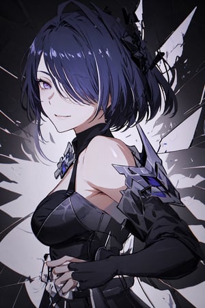 (masterpiece:1.3),(highres:1.1),best quality,1girl,solo,office,jelotopaz,hair ornament,black jacket,collared shirt,cleavage,detached sleeves,black elbow gloves,belt,black knee boots,smile, black background, from_side,line anime, dark background, black background, simple dark background ,closeup face , face only , upclose, face, face image ,glass,hair over one eye, broken glass, dark background, reflections