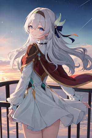 best quality, masterpiece, highres, ,firefly \(honkai: star rail\), 1girl, solo, long hair, smile, blue eyes, closed mouth, looking at viewer, outdoors, bangs, long sleeves, hair ornament, hairband, hair between eyes, cloudy sky, red cape, blue sky, star \(sky\), night sky, white hair, full body, white shirt, railing, viewed from behind , bending_over